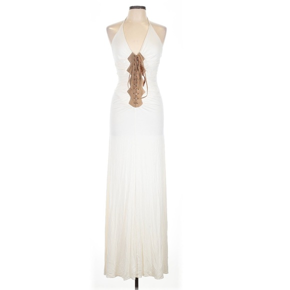 SKY Brand Halter Gown Dramatic Open Back Rayon Spandex Blend Pocahontas Large - Picture 1 of 11